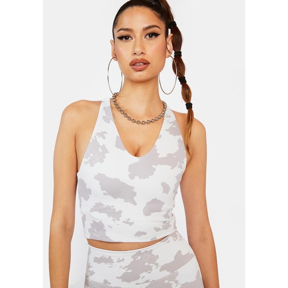 BEACH RIOT Ruby Crop Tank Women Medium White Cow Print Activewear Racerback Crop